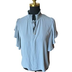 Tahari Women’s Dune Blue Ruffle Balloon Sleeve Tie Neck Blouse Size Small NWT
